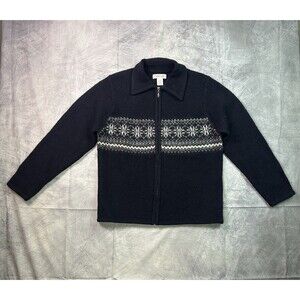 VTG Cherokee 100% Wool Nordic Fair Isle Zip Cardigan Sweater Sz. Small Gray